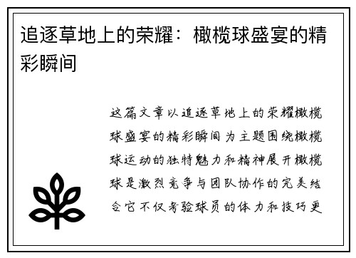 追逐草地上的荣耀：橄榄球盛宴的精彩瞬间